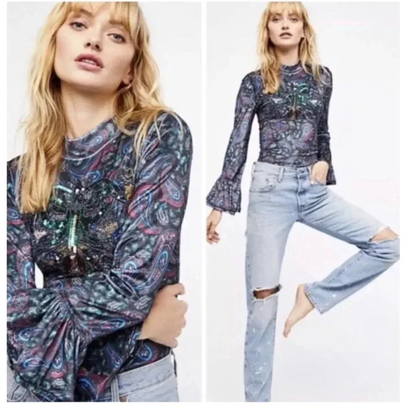 Free People Womens L'amour Tee Embellished Front Bell Cuffs Blouse Black Top M - Picture 1 of 12
